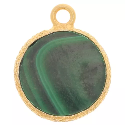 Colgante redondo plano 10 mm - Engaste piedra preciosa y textura - Dorado fino - Malaquita