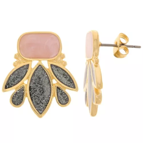 Pendientes de diseño 22x20 mm - Chapado en oro - Brillo negro - Perla nude x2