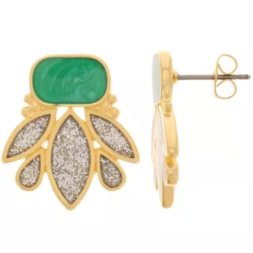 Pendientes de diseño 22x20 mm - Dorado - Brillo plateado - Perla verde x2