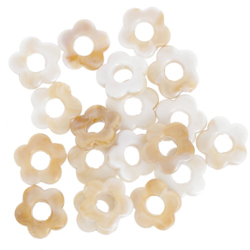 Cuentas acrílicas opacas flor 14 mm - Blanco jaspeado - Marrón x4