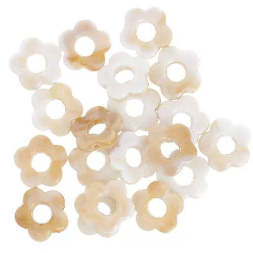 Cuentas acrílicas opacas flor 14 mm - Blanco jaspeado - Marrón x4