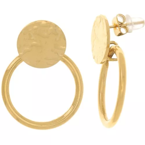 Pendientes redondos martillados con aro hueco 27x20mm -Acero inoxidable 304L dorado x2