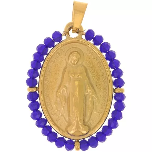 Colgante religioso ovalado 28x21 mm con perlas - Acero inoxidable chapado en oro 304L - Azul oscuro