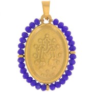 Colgante religioso ovalado 28x21 mm con perlas - Acero inoxidable chapado en oro 304L - Azul oscuro