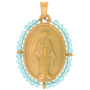 Colgante religioso ovalado 28x21 mm con perlas - Acero inoxidable chapado en oro 304L - Turquesa