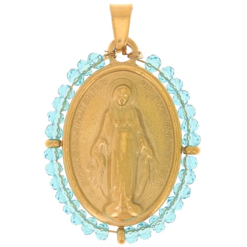 Colgante religioso ovalado 28x21 mm con perlas - Acero inoxidable chapado en oro 304L - Turquesa