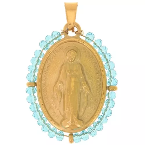 Colgante religioso ovalado 28x21 mm con perlas - Acero inoxidable chapado en oro 304L - Turquesa