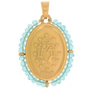 Colgante religioso ovalado 28x21 mm con perlas - Acero inoxidable chapado en oro 304L - Turquesa