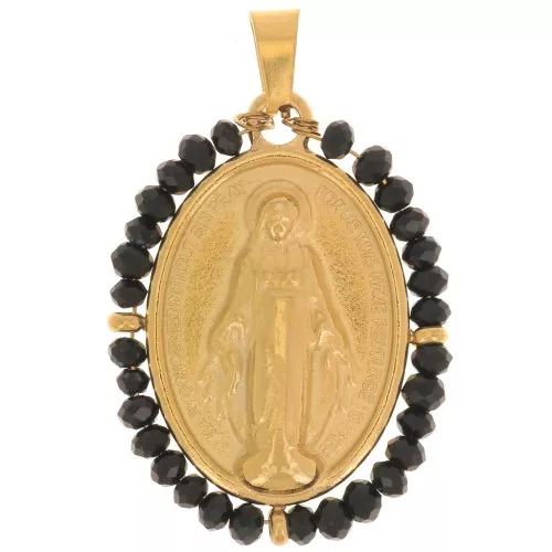 Colgante religioso ovalado 28x21 mm con perlas - Acero inoxidable 304L Oro - Negro x1