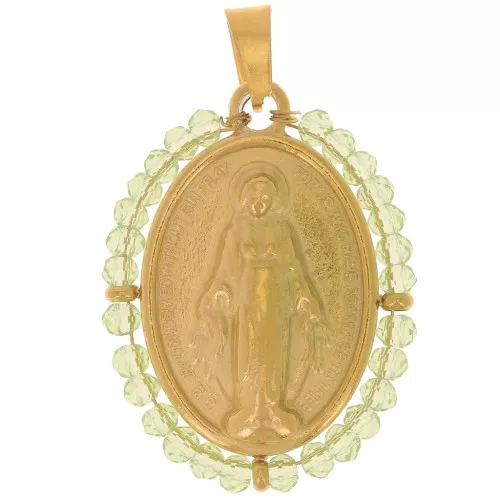 Colgante religioso ovalado 28x21 mm con perlas - Acero inoxidable chapado en oro 304L - Verde claro
