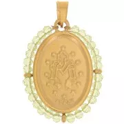 Colgante religioso ovalado 28x21 mm con perlas - Acero inoxidable chapado en oro 304L - Verde claro