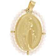 Colgante religioso ovalado 28x21 mm con perlas - Acero inoxidable chapado en oro 304L - Rosa claro