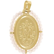Colgante religioso ovalado 28x21 mm con perlas - Acero inoxidable chapado en oro 304L - Rosa claro