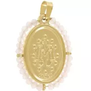 Colgante religioso ovalado 28x21 mm con perlas - Acero inoxidable chapado en oro 304L - Rosa claro