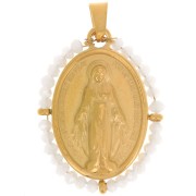 Colgante religioso ovalado 28x21 mm con perlas - Acero inoxidable chapado en oro 304L - Blanc AB