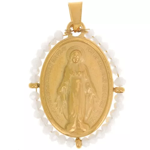 Colgante religioso ovalado 28x21 mm con perlas - Acero inoxidable chapado en oro 304L - Blanc AB