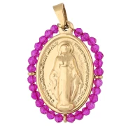 Colgante ovalado de temática religiosa, 28,5 x 21,5 mm, con cuentas - Acero inoxidable 304 Dorado/fucsia