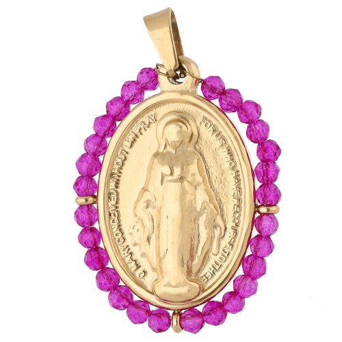 Colgante ovalado de temática religiosa, 28,5 x 21,5 mm, con cuentas - Acero inoxidable 304 Dorado/fucsia
