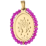 Colgante ovalado de temática religiosa, 28,5 x 21,5 mm, con cuentas - Acero inoxidable 304 Dorado/fucsia