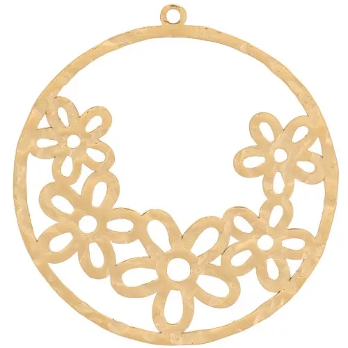 Colgante círculo hueco martillado con flores 30 mm - Acero inoxidable 316L dorado x1