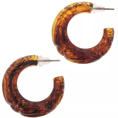 Pendientes de aro grandes de resina translúcida 30 mm - flor grabada - Ámbar jaspeado x2