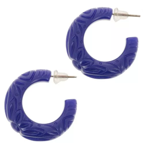 Pendientes de aro ancho de resina opaca 30 mm - flor grabada - Azul oscuro x2