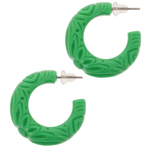 Pendientes de aro ancho de resina opaca 30 mm - flor grabada - Abeto verde x2