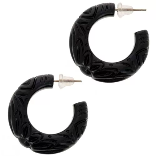 Pendientes de aro ancho de resina opaca 30 mm - flor grabada - Negro x2