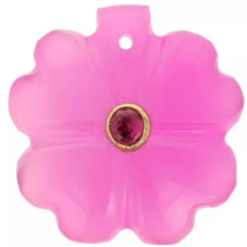 Colgante trébol 21mm gema tintada y engastada en oro - Calcedonia rosa - Granate