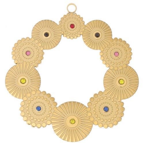 Colgantes redondos texturizados de 40 mm con strass - Acero inox dorado 316L x2