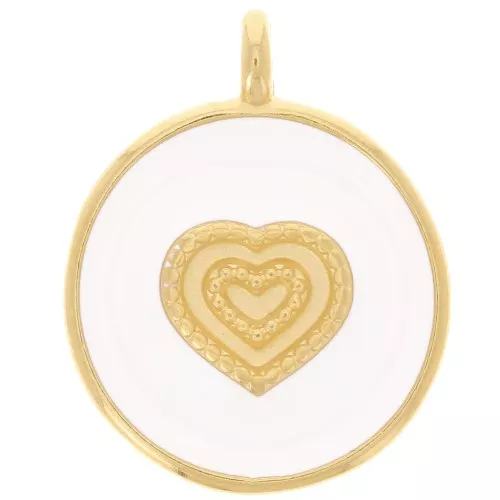 Colgante corazón redondo 21 mm - Resina epoxi - Dorado con oro fino - Blanco x1