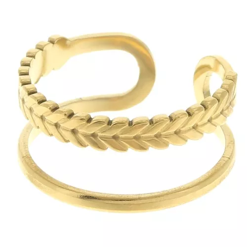 Anillo ancho ajustable T52 a 58 - motivo hoja de laurel - acero inox 304L Dorado