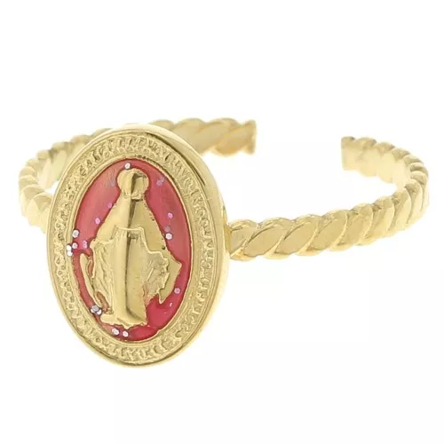 Anillo ajustable con motivo religioso T.52 a T58 con epoxi - Acero inoxidable 304L Dorado - Rosa