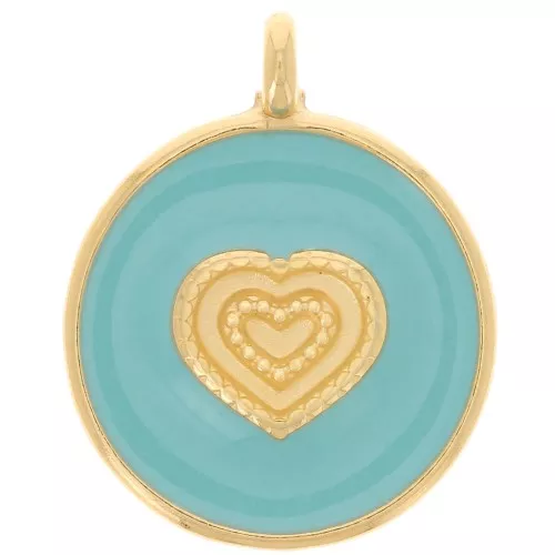 Colgante corazón redondo 21 mm - Resina epoxi - Dorado con oro fino - Turquesa x1