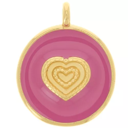 Colgante corazón redondo 21 mm - Resina epoxi - Dorado con oro fino - Rosa intenso x1