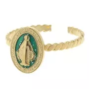 Anillo ajustable con motivo religioso T.52 a T58 con epoxi - Acero inoxidable 304L Dorado - Verde