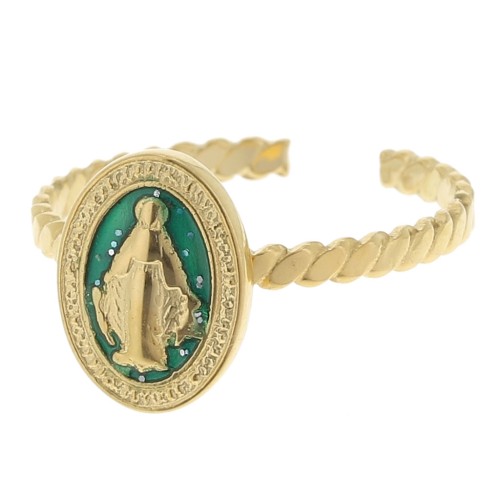 Anillo ajustable con motivo religioso T.52 a T58 con epoxi - Acero inoxidable 304L Dorado - Verde