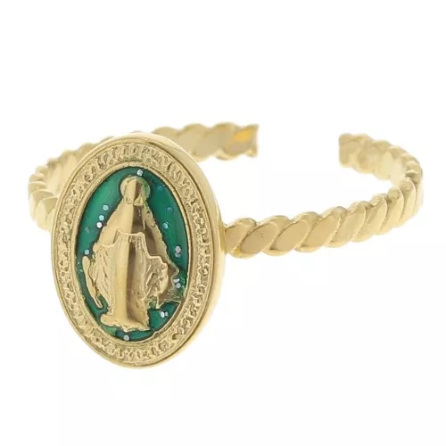 Anillo ajustable con motivo religioso T.52 a T58 con epoxi - Acero inoxidable 304L Dorado - Verde