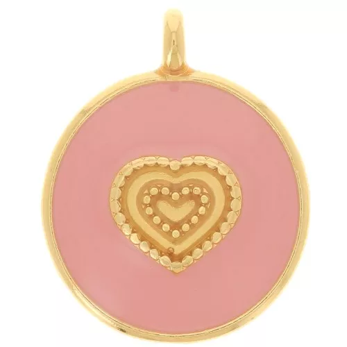 Colgante corazón redondo 21 mm - Resina epoxi - Dorado con oro fino - Rosa claro x1