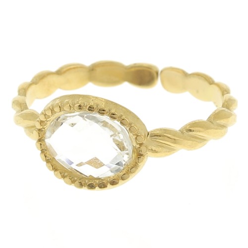 Anillo fino ajustable T54 a T58 con cabujón de cristal - Acero inoxidable 304L Dorado - Cristal