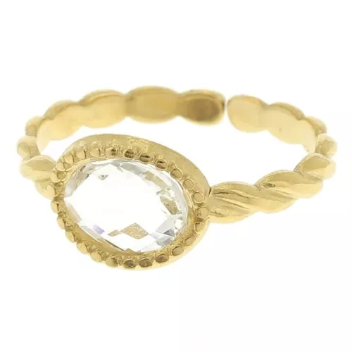 Anillo fino ajustable T54 a T58 con cabujón de cristal - Acero inoxidable 304L Dorado - Cristal