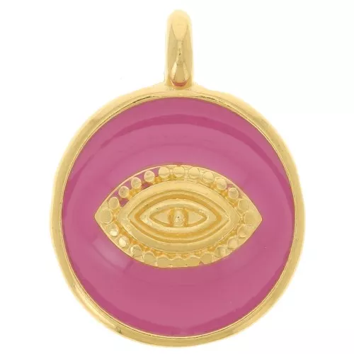 Colgante ojo redondo 18 mm - Resina epoxi - Dorado con oro fino - Rosa intenso x1