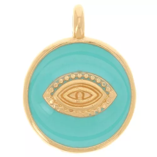 Colgante ojo redondo 18 mm - Resina epoxi - Dorado con oro fino - Turquesa x1