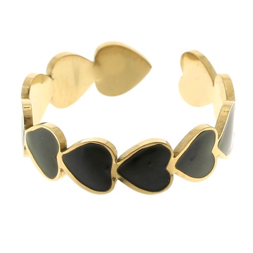 Anillo ajustable T52 a T58 con motivo de corazón de resina epoxi - Acero inoxidable 316L Dorado - Negro