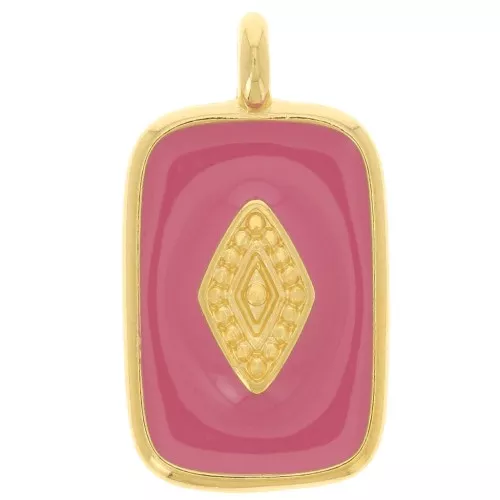 Colgante rectángulo 21x12mm con resina epoxi - Dorado con oro fino - Rosa intenso x1