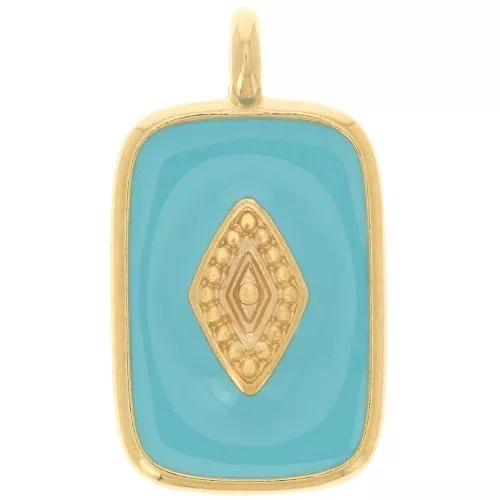 Colgante rectángulo 21x12mm con resina epoxi - Dorado con oro fino - Turquesa x1