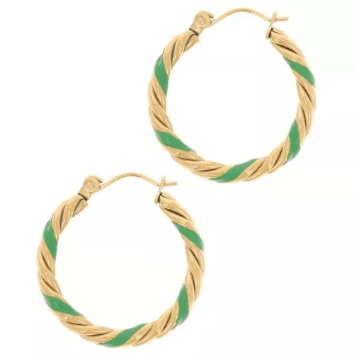 Pendientes de aro redondo trenzado 25 mm con resina epoxi - Acero inoxidable 304L Dorado - Verde x2