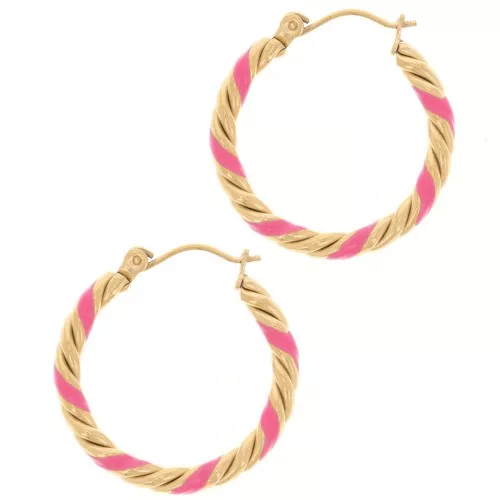 Pendientes de aro redondo trenzado 25 mm con resina epoxi - Acero inoxidable 304L Dorado - Rosa x2