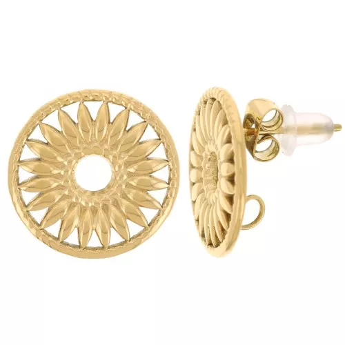 Pendientes redondos de 15 mm - motivo flor calado - acero inoxidable dorado 304L x2