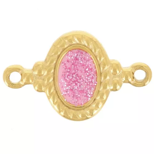 Entrepieza ovalada 22x13 mm resina epoxi - Acero inoxidable 304L Dorado - Purpurina rosa x1